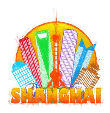 Shanghai şehir manzarası daire izlenimci illüstrasyon