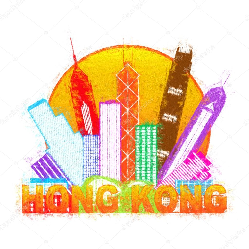 Hong Kong City Skyline Circle Color Impressionist Illustration