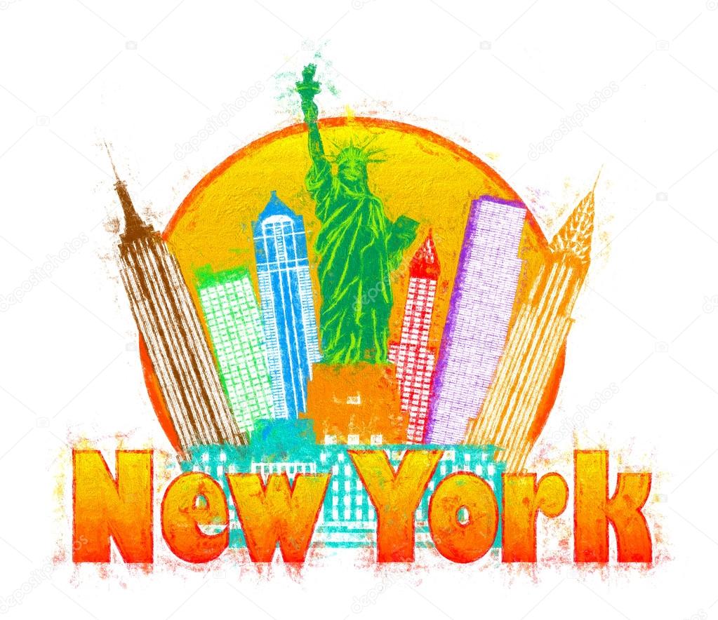 New York City Colorful Skyline in Circle Impressionist Illustrat