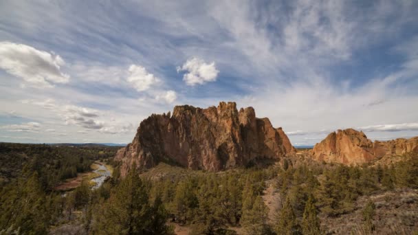 Time Lapse Movie of Moving White Clouds and Rock Climbing Over Smith Rock in Central Oregon 1080p — Stock Video