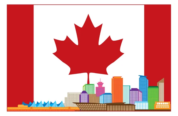 Vancouver BC Canada Colorido horizonte en bandera canadiense Vector Illustration — Archivo Imágenes Vectoriales