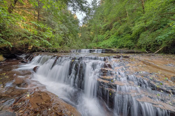 Odstupňovanou kaskádové vodopád nad římsu na Sweet Creek Falls Trail — Stock fotografie