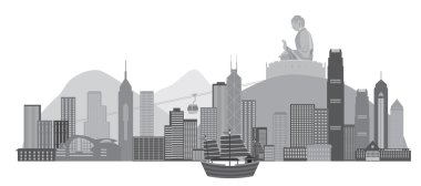 Hong Kong Skyline önemsiz tekne ile ve Buda heykeli vektör çizim