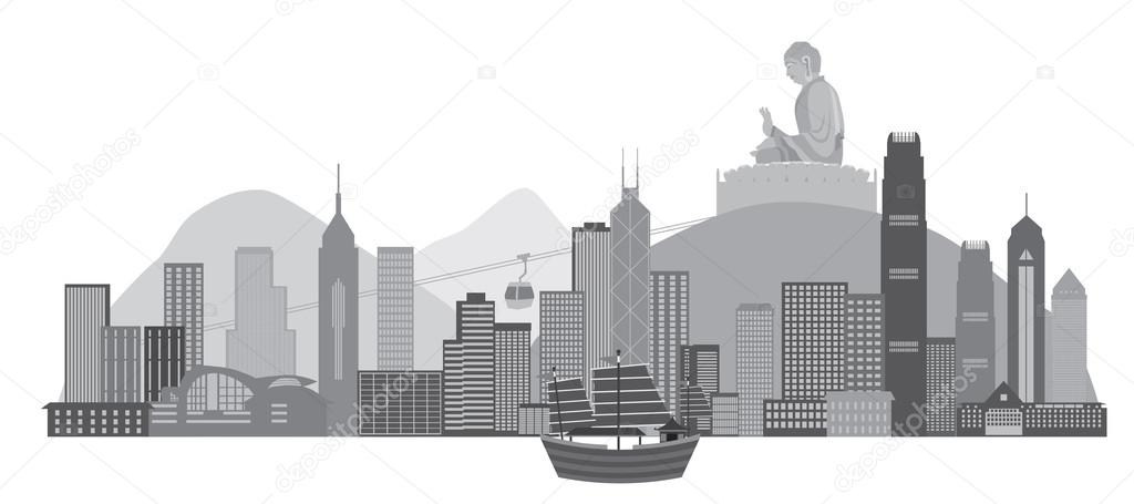 Hong Kong Skyline with Junk Boat and Buddha Statue Vector Illustration