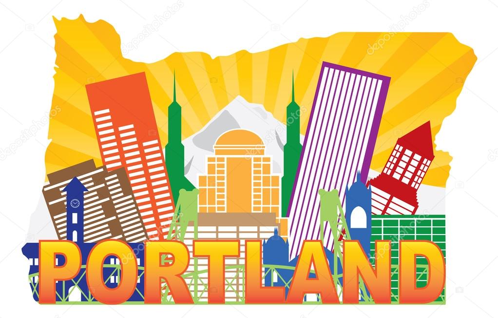 Portland Oregon Skyline in State Map Outline Vector Illustration