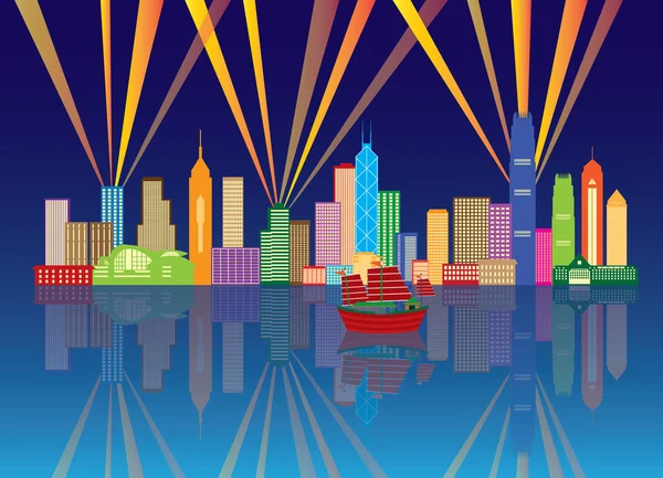 Hong Kong City Skyline notte colore Panorama vettoriale Illustrazione — Vettoriale Stock