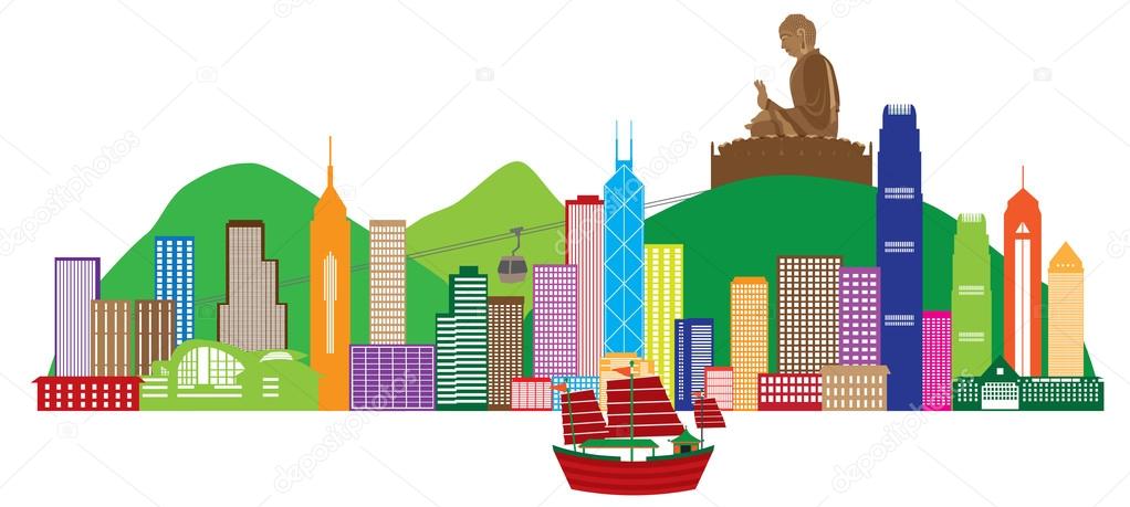 Hong Kong Skyline and Buddha Statue Color Vector Illustration