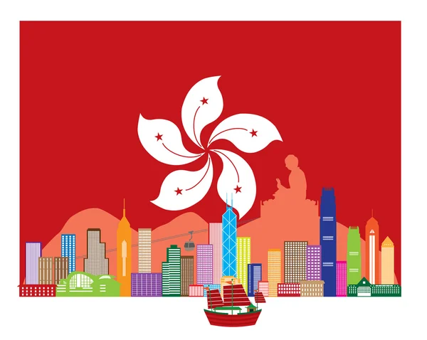Hong Kong Skyline et statue de Bouddha dans l'illustration vectorielle de drapeau de HK — Image vectorielle