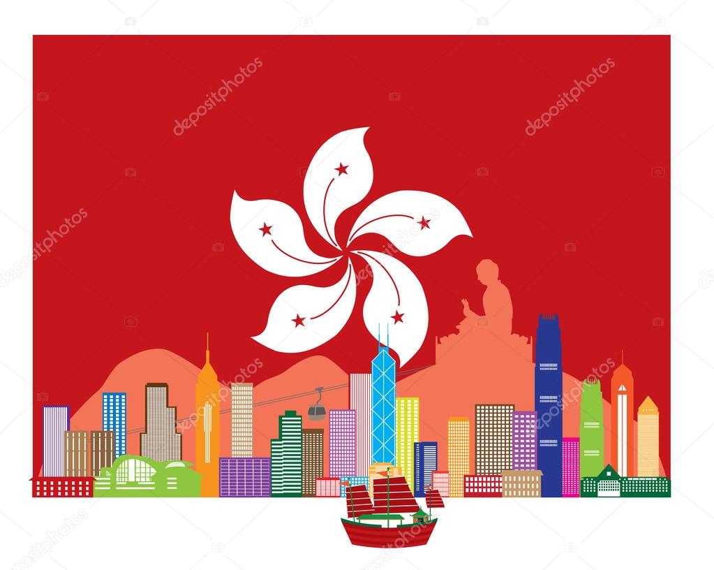 Hong Kong Skyline and Buddha Statue in HK Flag Vector Illustration