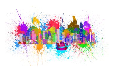 Hong Kong manzarası ve Buda heykeli renk illüstrasyon sıçramak