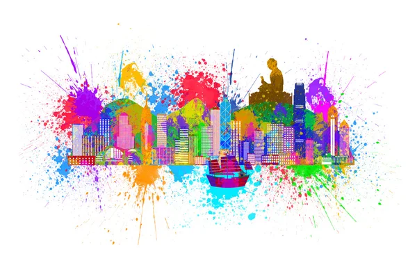 Hong Kong Skyline en Boeddha standbeeld Splatter kleur illustratie — Stockfoto