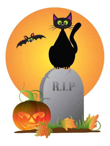 Halloween Black Cat Stting en Tombstone Vector Illustration — Vector de stock