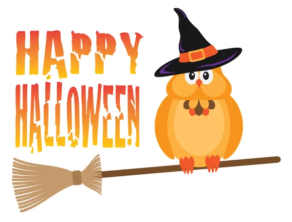 Búho de Halloween en Broomstick Vector Ilustración — Vector de stock