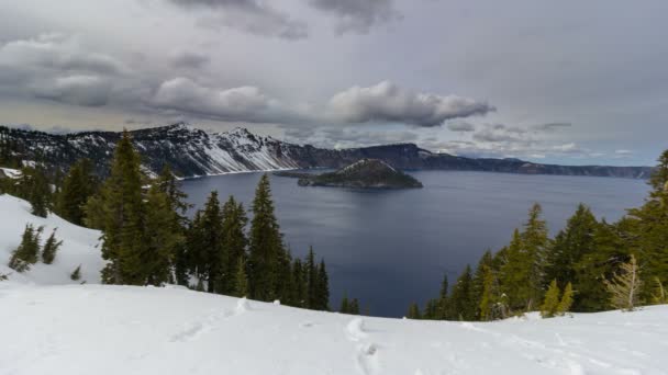UHD Time lapse of Moving Clouds and Water Reflection Over Crater Lake in Klamath County Oregon One Spring Day 4096x2304 4k — Video