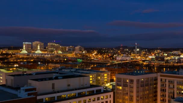 Time Lapse of Freeway Traffic from Blue Hour into Night Over Downtown City of Portland Oregon 4096x2304 UHD 4k — Stock Video