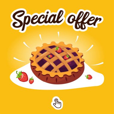 Çilekle süslenmiş kek. Broşür tasarım şablonu, web afişi ve sosyal ağlar için uygun. Vektör illüstrasyonu