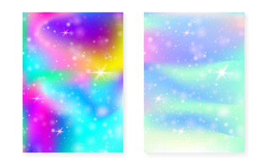 Kawaii gökkuşağı gradyanı olan prenses arkaplanı. Sihirli tek boynuzlu at hologramı.