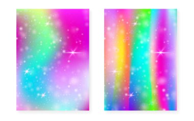 Kawaii gökkuşağı gradyanı olan prenses arkaplanı. Sihirli tek boynuzlu at hologramı.