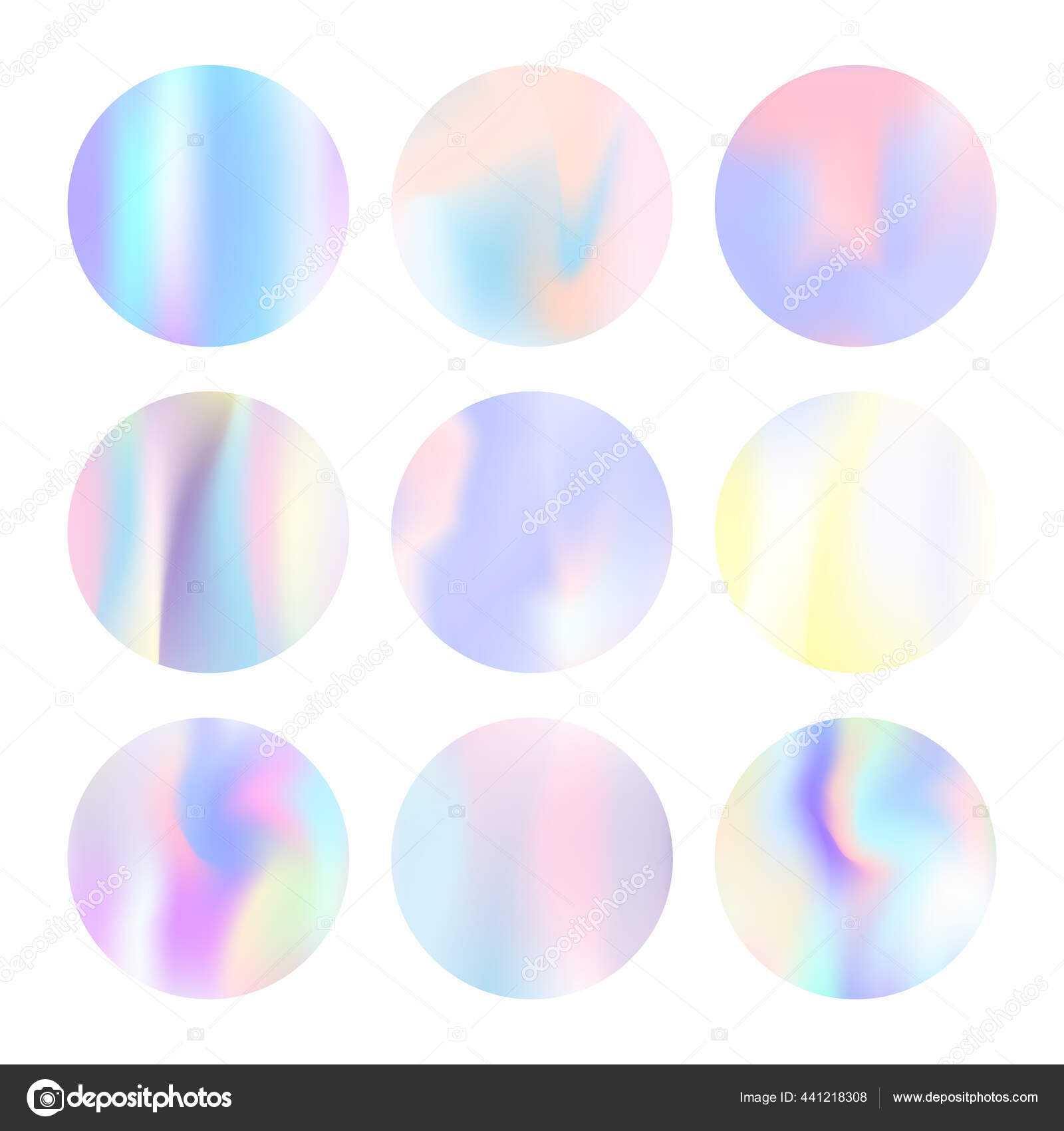 ホログラフィック抽象的な背景を設定します グラデーションメッシュの多色ホログラフィック背景 90年代 80年代のレトロスタイル パンフレット チラシ ポスター モバイル画面のための虹彩グラフィックテンプレート ストックベクター C Olga Hmelevska