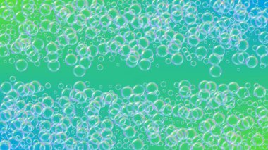 Köpük temizleme. Sabun köpüğü. Banyo için deterjan köpükleri. Şampuan. Parlak püskürtme ve sıçrama. Gerçekçi su çerçevesi ve sınır. 3d vektör çizim şablonu. Yeşil renkli sıvı temizlik köpüğü.