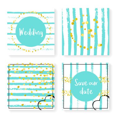 Çizgili düğün konfetisi. Davetiye ayarlandı. Nane ve beyaz arka planda altın kalpler ve noktalar. Parti için düğün konfetisi tasarımı, etkinlik, gelin partisi, tarih kartı kaydet.