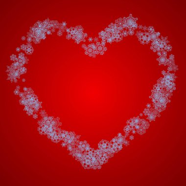 Kırmızı arka planda kar taneleri olan bir Noel çerçevesi. Noel Baba renkleri. Bayram afişleri, kartlar, satışlar, özel teklifler için şık bir Noel çerçevesi. Kutlama için kar ve gevrek yağıyor.