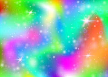 Gökkuşağı örgülü sihirli bir arka plan. Prenses renklerinde modaya uygun evren afişi. Hologramla fantezi gradyanı. Peri parıltıları, yıldızlar ve bulanıklıklarla holografik büyü arka planı.