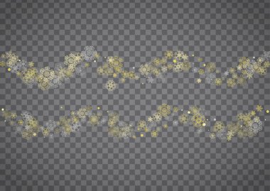 Yatay şeffaf gri arkaplanda izole kar taneleri. Altın parıltılı kar. Kış satışları, Noel ve yeni yıl tasarımları parti davetiyesi, afiş, satış. Sihirli kristal kar taneleri.