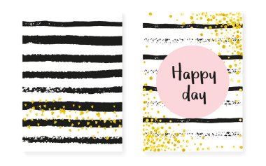 Noktalı ve pullu altın parıltısı konfetisi. Düğün ve düğün davetiyeleri ayarlandı. Dikey çizgili arka plan. Hipster altın parıltısı konfetisi parti için, olay, randevu ilanını kaydet.