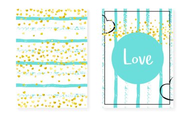 Noktalı ve pullu bir düğün. Altın yaldızlı konfetiyle düğün davetiyesi. Dikey çizgili arka plan. Hipster düğün seti parti için, olay, tarih ilanını kaydet.