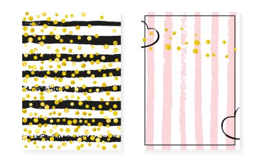 Pullu altın parıltılı noktalar. Düğün ve düğün davetiyeleri konfeti ile hazırlandı. Dikey çizgili arka plan. Hipster altın parıltılı noktalar parti için, olay için, tarih ilanını kaydet.