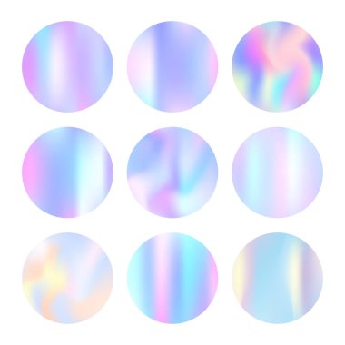 Holografik soyut arkaplanlar ayarlandı. Gradyan örgülü modaya uygun holografik zemin. 90 'lar, 80' ler modası. Pankart, el ilanı, kapak, mobil arayüz, web uygulaması için Pearlescent grafik şablonu.