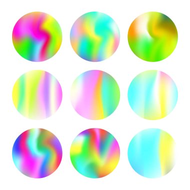 Holografik soyut arkaplanlar ayarlandı. Gradyan örgülü renkli holografik arkaplan. 90 'lar, 80' ler modası. Pankart, el ilanı, kapak, mobil arayüz, web uygulaması için Pearlescent grafik şablonu.