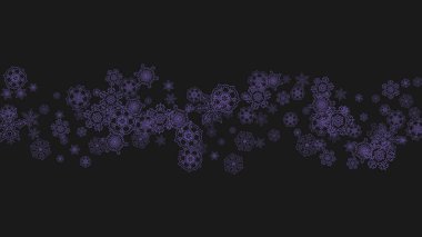 Kış çerçevesi menekşe karlı. Broşür için kar tanesi sınırı, hediye kartı, parti davetiyesi, perakende satış teklifi ve reklam. Noel arkaplanı ve bayram afişi. Yeni yıl dondurucu zemin