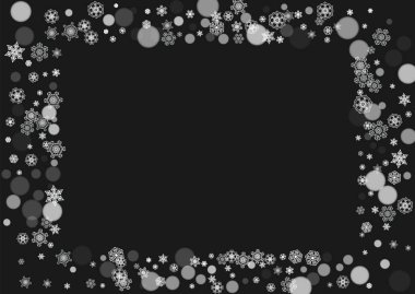 Siyah arka planda Noel kar taneleri. Yeni yıl. Bayram afişleri, kartlar, satışlar ve özel teklifler için yatay Noel kar taneleri çerçevesi. Kutlama için kar yağıyor Bokeh ve pullarla