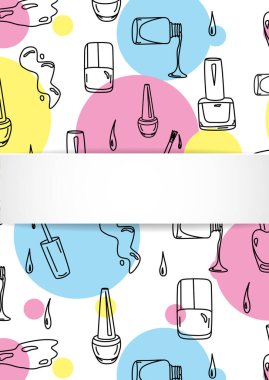 Manikür desenli çivi afişi. Üç boyutlu kağıt tabakta el yapımı cilası ve cila şişeleri. Kozmetik, moda ve makyaj satışları, reklamlar, özel teklifler ve el ilanları için şık bir manikür şablonu.