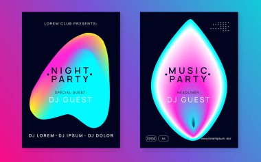 Müzik broşürü seti. Fütürist elektro kulüp pankartı tasarımı. Elektronik ses. Gece dansı yaşam tarzı tatili. Akışkan holografik gradyan şekil ve çizgi. Yaz festivali ve müzik broşürü posteri..