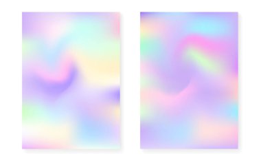 Holografik gradyan ile Pearlescent arkaplan. Hologram örtüsü hazır. 90 'lar, 80' ler modası. Kitap için grafik şablon, yıllık, mobil arayüz, web uygulaması. Çok renkli inci arkaplan seti.