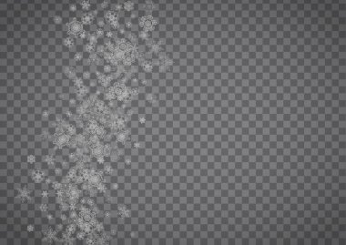 Şeffaf gri arkaplanda izole kar taneleri. Gümüş simli kar. Parti davetiyesi, bayrak, satış için yatay Noel ve yeni yıl tasarımı. Kış penceresi. Sihirli kristal kar taneleri