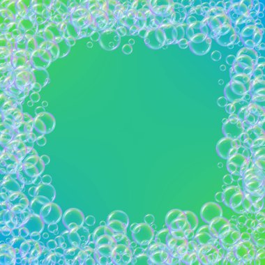 Arkaplanda sabun köpüğü var. Gerçekçi su kabarcıkları 3 boyutlu. Şampuan köpüklü serin gökkuşağı renkli sıvı köpük. Kozmetik broşür ve davetiye. Banyo ve duş için sabun. Vektör EPS10.