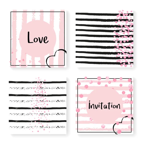 Wedding Stripes Glitter Confetti Invitation Set Pink Hearts Dots Black — Stock Vector