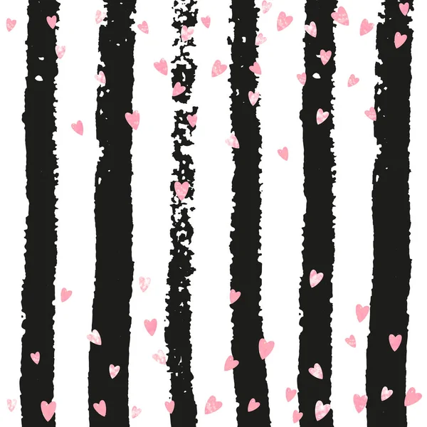Confettis Coeur Rose Pailleté Sur Rayures Noires Paillettes Tombantes Aléatoires — Image vectorielle