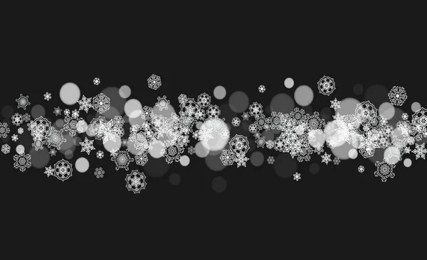 黑色背景的圣诞雪 新年主题 冬季横幅 优惠券 派对活动的横向框架 新年和圣诞节的雪的设计 飘落的雪花庆祝 — 图库矢量图片