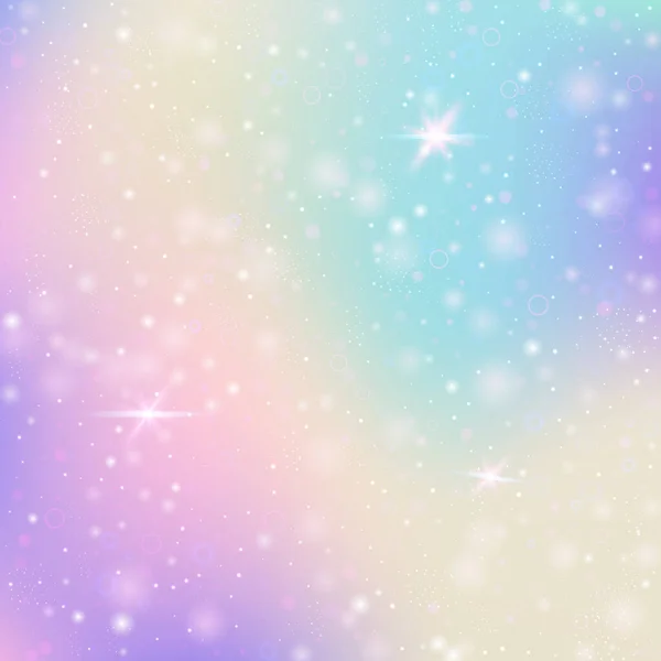 虹のメッシュと妖精の背景 プリンセスカラーのトレンディな宇宙バナー ホログラムでファンタジーグラデーションの背景 魔法の輝きとホログラフィック妖精の背景 星とぼかし — ストックベクタ