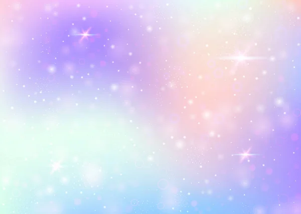 レインボーメッシュのユニコーンの背景 プリンセスカラーのカラフルな宇宙バナー ホログラムでファンタジーグラデーションの背景 魔法の輝きとホログラフィックユニコーンの背景 星とぼかし — ストックベクタ