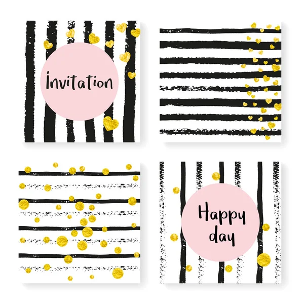 Bruiloft Uitnodiging Set Met Glitter Confetti Strepen Gouden Hartjes Stippen — Stockvector