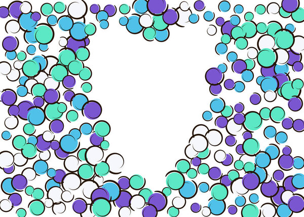 Heart dots frame with pop art confetti background. Big colored spots, spirals and circles on white. Vector illustration. Trendy childish splash for birthday party. Rainbow heart dots frame.