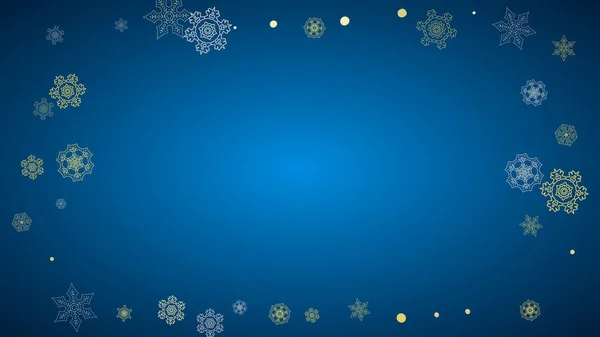 青い背景に金の雪の結晶を持つ新年のフレーム ギフト券 バナー チラシ 販売オファー イベント招待状のための水平クリスマスと新年のフレーム キラキラと輝く雪 — ストックベクタ