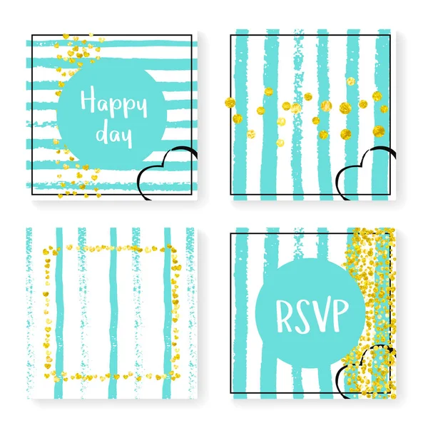 Wedding Invitation Set Glitter Confetti Stripes Gold Hearts Dots Mint — Stock Vector
