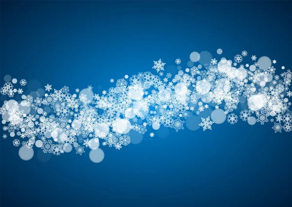 青い背景に新年の雪片 水平冬のテーマ クリスマスと新年の雪片が降っています シーズン販売のために 特別オファー バナー カード パーティー招待状 チラシ 白い霜降りの雪 — ストックベクタ